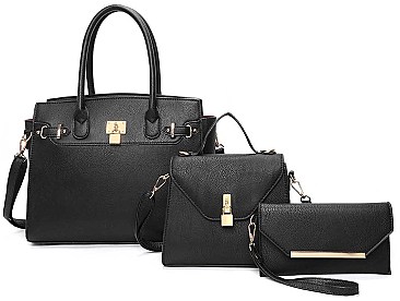 3 IN 1 KEYLOCK DESIGN PLAIN SATCHEL SET