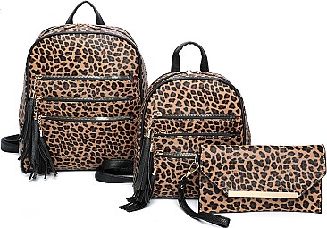 3 in 1 Leopard Tri-Zip Back Pack Clutch Set