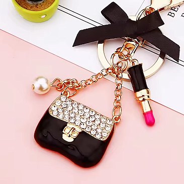 black wholesale Keychain and Lipstick Bow Charm Pendant Kawaii Women's Metal Bag Keychain