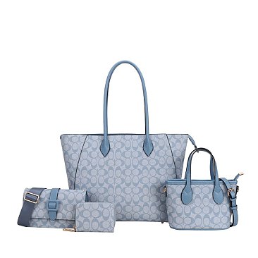 blue 4-in-1 Oval Monogram Large Size Tote Handbag Wallet Set