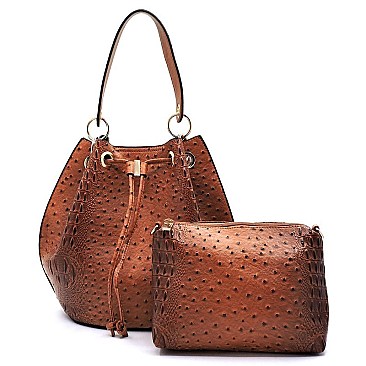 Ostrich Croc Drawstring 2-in-1 Bucket Satchel