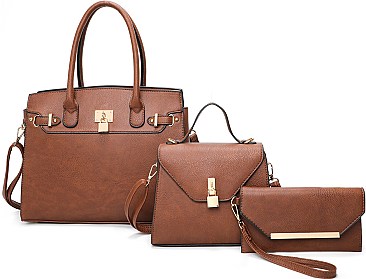 3 IN 1 KEYLOCK DESIGN PLAIN SATCHEL SET