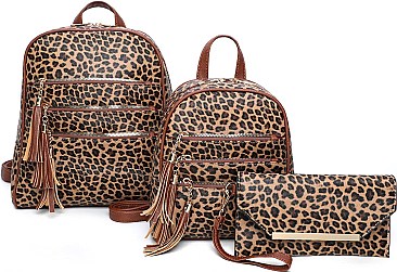 3 in 1 Leopard Tri-Zip Back Pack Clutch Set