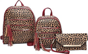 3 in 1 Leopard Tri-Zip Back Pack Clutch Set