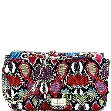 2-Way Snake Print Turn-Lock Flap Shoulder Bag