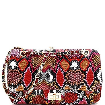 2-Way Snake Print Turn-Lock Flap Shoulder Bag