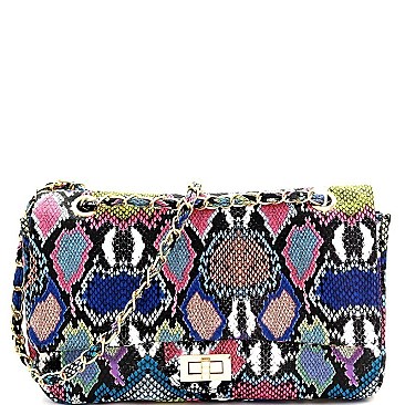 2-Way Snake Print Turn-Lock Flap Shoulder Bag