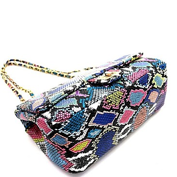 2-Way Snake Print Turn-Lock Flap Shoulder Bag