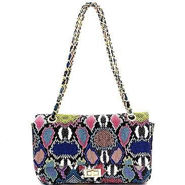 2-Way Snake Print Turn-Lock Flap Shoulder Bag