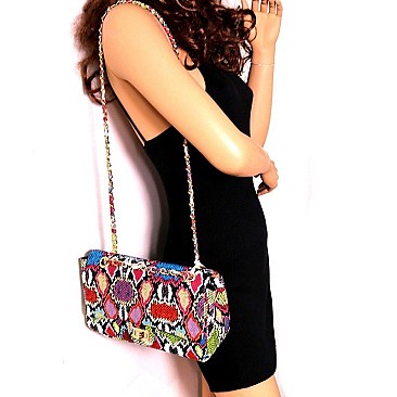 2-Way Snake Print Turn-Lock Flap Shoulder Bag