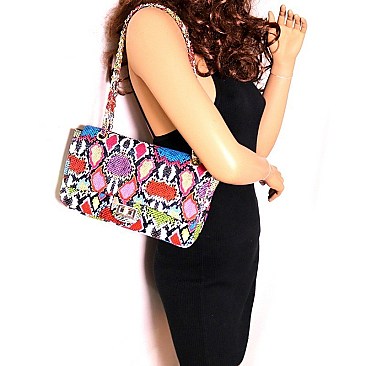 2-Way Snake Print Turn-Lock Flap Shoulder Bag