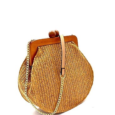 Stylish Wooden Knob Frame Woven Straw Shoulder Bag MH-CTL0020
