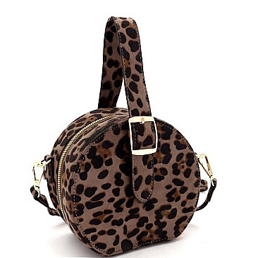 ROUND LEOPARD PRINT BUCKLE WRIST HANDLE MEDIUM SATCHEL