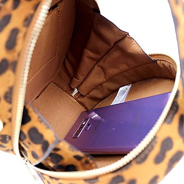 ROUND LEOPARD PRINT BUCKLE WRIST HANDLE MEDIUM SATCHEL