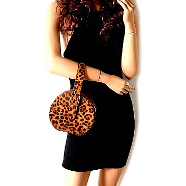 ROUND LEOPARD PRINT BUCKLE WRIST HANDLE MEDIUM SATCHEL