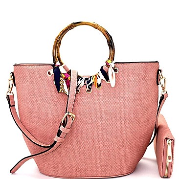 Bamboo Handle Scarf Accent Satchel Wallet SET