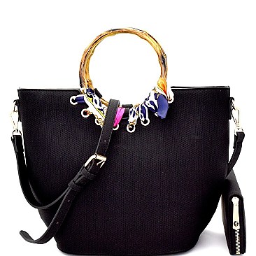 Bamboo Handle Scarf Accent Satchel Wallet SET