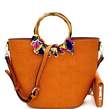 Bamboo Handle Scarf Accent Satchel Wallet SET