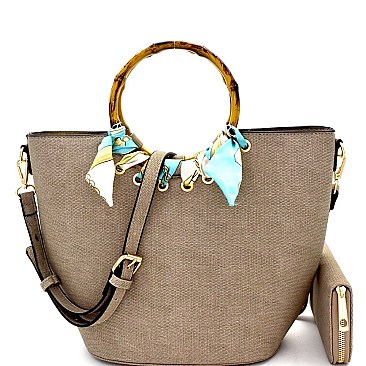 Bamboo Handle Scarf Accent Satchel Wallet SET