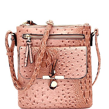 Multi-Pocket Ostrich Print Knot Accent Cross Body