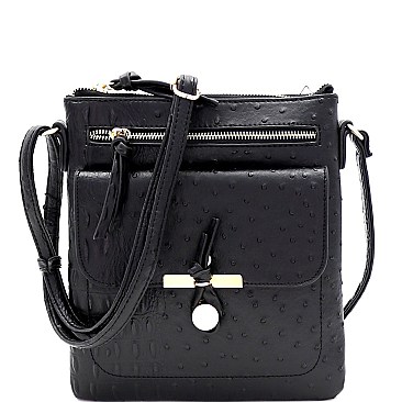 Multi-Pocket Ostrich Print Knot Accent Cross Body