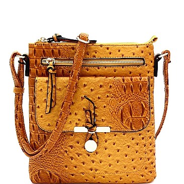 Multi-Pocket Ostrich Print Knot Accent Cross Body