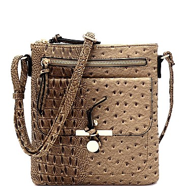 Multi-Pocket Ostrich Print Knot Accent Cross Body