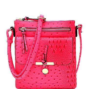 Multi-Pocket Ostrich Print Knot Accent Cross Body