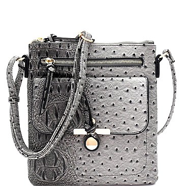 Multi-Pocket Ostrich Print Knot Accent Cross Body