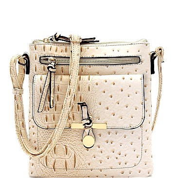 Multi-Pocket Ostrich Print Knot Accent Cross Body