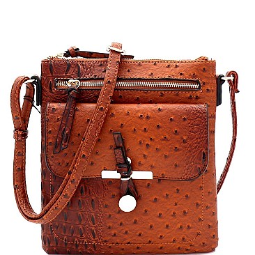 Multi-Pocket Ostrich Print Knot Accent Cross Body