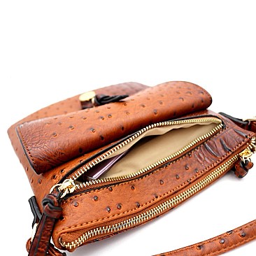 Multi-Pocket Ostrich Print Knot Accent Cross Body