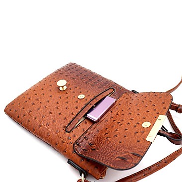Multi-Pocket Ostrich Print Knot Accent Cross Body