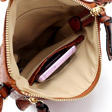 Multi-Pocket Ostrich Print Knot Accent Cross Body