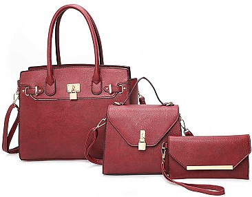 3 IN 1 KEYLOCK DESIGN PLAIN SATCHEL SET
