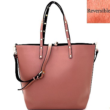 HG0050 -LP Studded Strap Faux-Fur Reversible 2-Way Tall Tote