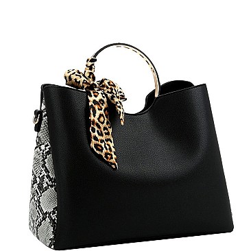 SNAKE PRINT SIDE LEOPARD PRINT SCARF ACCENT SATCHEL