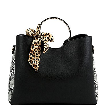 SNAKE PRINT SIDE LEOPARD PRINT SCARF ACCENT SATCHEL