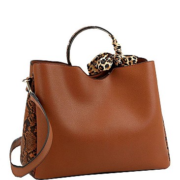 SNAKE PRINT SIDE LEOPARD PRINT SCARF ACCENT SATCHEL