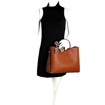 SNAKE PRINT SIDE LEOPARD PRINT SCARF ACCENT SATCHEL