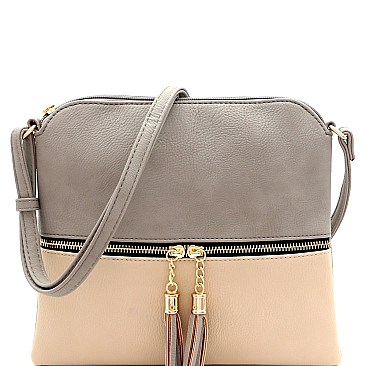 2Tone Mid-Zip Tasseled Crossbody Bag