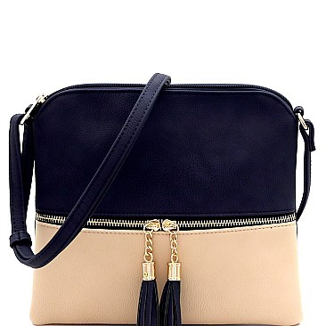 2Tone Mid-Zip Tasseled Crossbody Bag