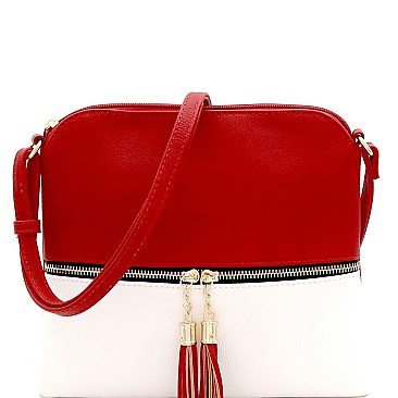 2Tone Mid-Zip Tasseled Crossbody Bag