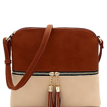 2Tone Mid-Zip Tasseled Crossbody Bag