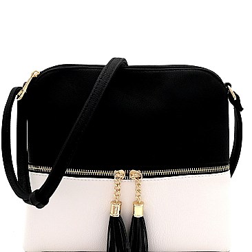 2Tone Mid-Zip Tasseled Crossbody Bag