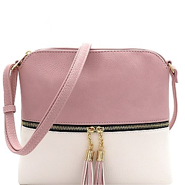 2Tone Mid-Zip Tasseled Crossbody Bag