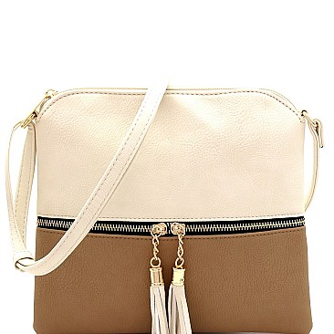 2Tone Mid-Zip Tasseled Crossbody Bag