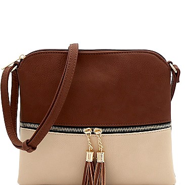 2Tone Mid-Zip Tasseled Crossbody Bag