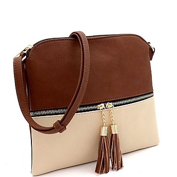 2Tone Mid-Zip Tasseled Crossbody Bag