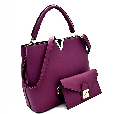 V-Shaped Hardware Accent 2 in 1 Satchel Wristlet SET MH-HY4083S